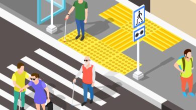 Isometric blind people background with urban scenery bus stop and zebra-stripe crosswalk with corduroy tactile paving vector illustration