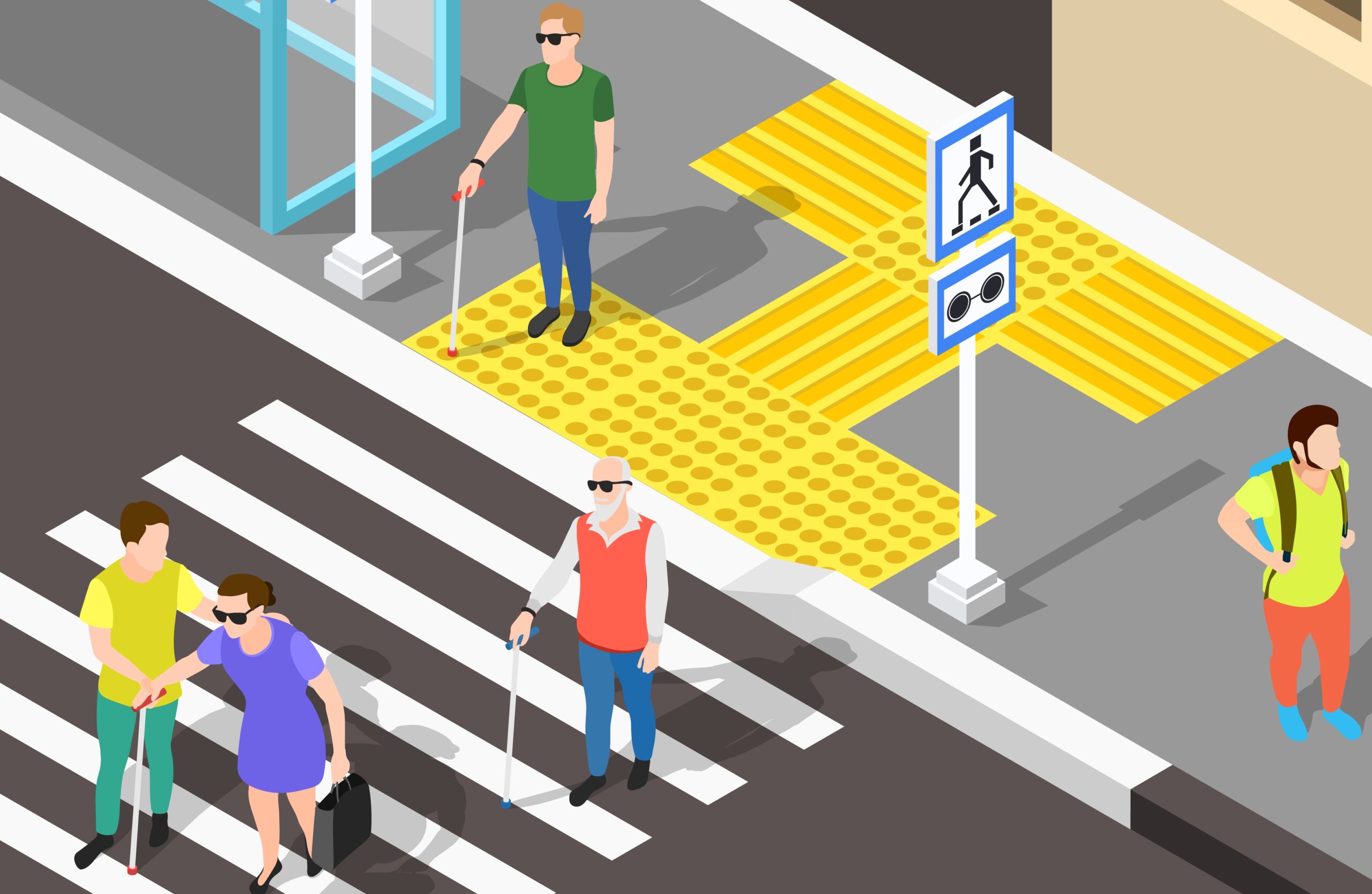 Isometric blind people background with urban scenery bus stop and zebra-stripe crosswalk with corduroy tactile paving vector illustration