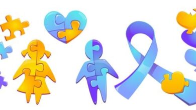 Imagens de fundo branco, com 3 peças de quabra cabeças, uma menina em forma de quebracabeça amarelo e um menino em forma de quebraçacbeca azul o símbolo do autismo em amarelo roxo e azul e três corações no canto direito em cima