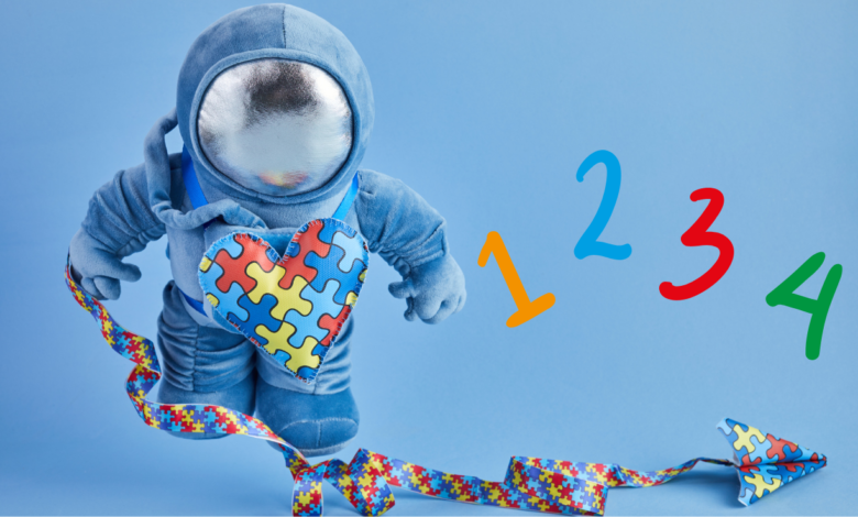 Imagem de fundo azul, com um astronauta azul com imagens de quebra cabeças e números