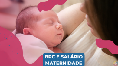 Imagem de uma mae branca com um bebe recem nascico, há detalhes de decoração rosa e uma caixa azul escrito em branco: BPC e salário maternidade