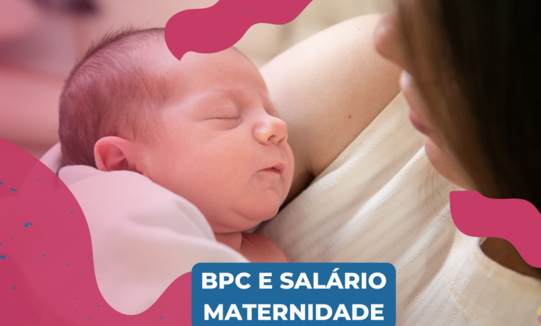 Imagem de uma mae branca com um bebe recem nascico, há detalhes de decoração rosa e uma caixa azul escrito em branco: BPC e salário maternidade