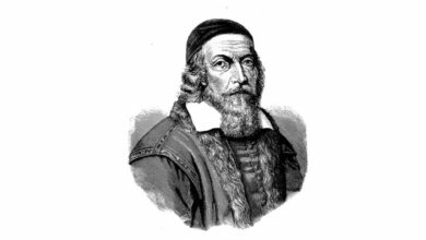 Imagem de fundo branco, com desenho em preto da imagem de um homem, branco de barba, vestindo roupas antigas