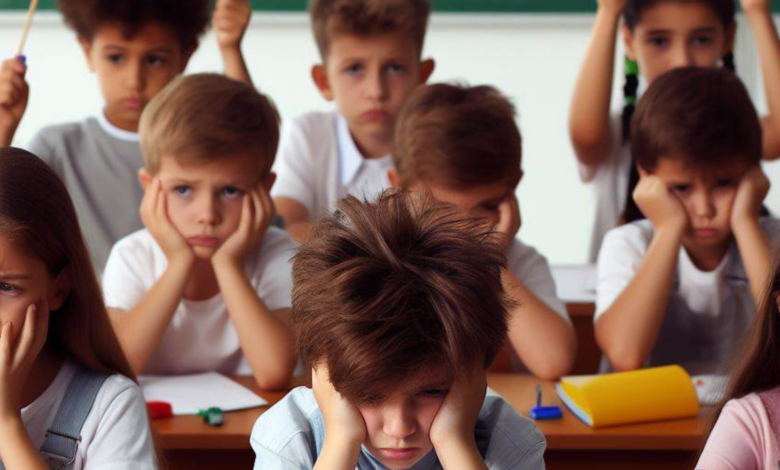 Imagem para ilustrar crianças com altas habilidades e superdotação de uniforme branco, em uma sala de escola, pensativas e entediadas