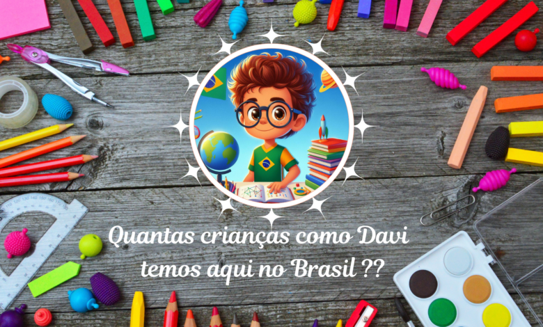 Imagem com findo cinzal, com lápis de cor nas boras, no centro o desenho de um menino, há a frase quantas crianças como o davi temos no Brasil
