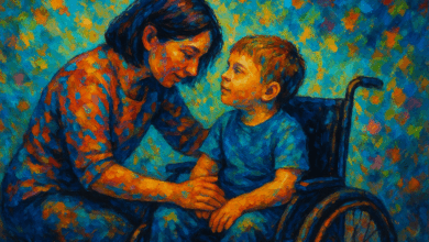 Um quadro impressionista em formato paisagem, com pinceladas coloridas e vibrantes em tons de azul, laranja, verde e amarelo. A cena mostra uma mãe inclinada com carinho em direção ao filho, que está sentado em uma cadeira de rodas. Eles se olham nos olhos com ternura, transmitindo afeto e conexão em meio a um fundo abstrato repleto de cores intensas.