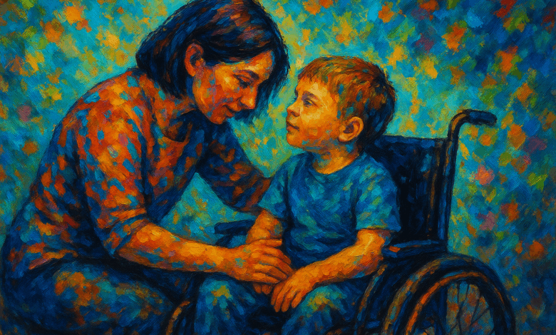 Um quadro impressionista em formato paisagem, com pinceladas coloridas e vibrantes em tons de azul, laranja, verde e amarelo. A cena mostra uma mãe inclinada com carinho em direção ao filho, que está sentado em uma cadeira de rodas. Eles se olham nos olhos com ternura, transmitindo afeto e conexão em meio a um fundo abstrato repleto de cores intensas.